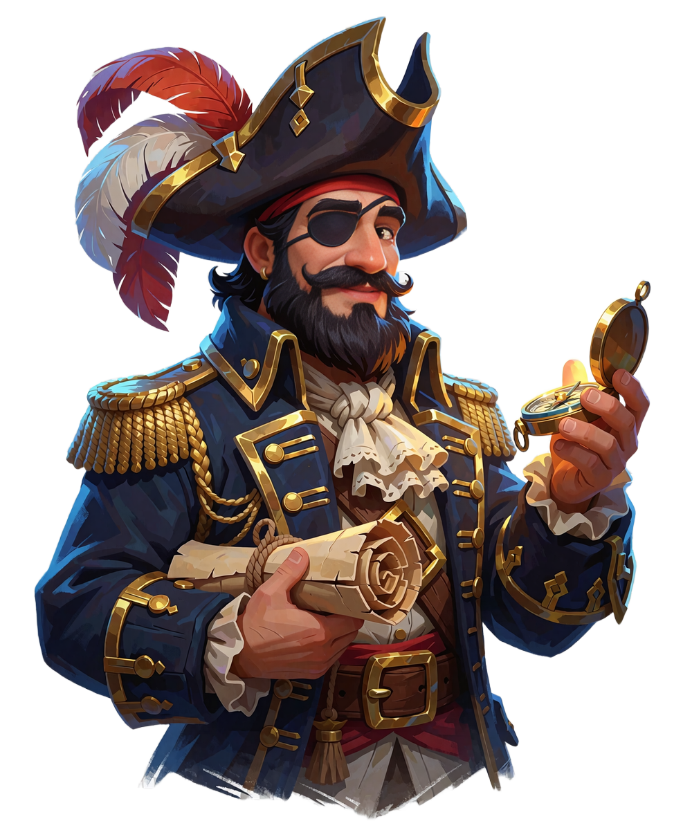 Smash Casinos piratkaptajn med trekantet hat og &oslash;jeklap holder et lysende messingkompas og en rullet pergament klar til dine sp&oslash;rgsm&aring;l