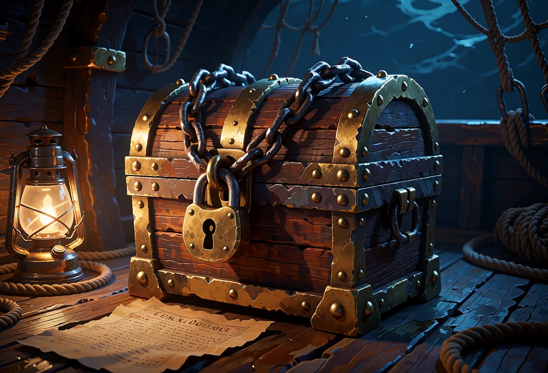 Lukket s&oslash;kiste af m&oslash;rk eg med guldb&aring;nd, jernk&aelig;de og stort messingl&aring;s i en skibskahyt - symbol p&aring; sikkerhed hos Smash Casino