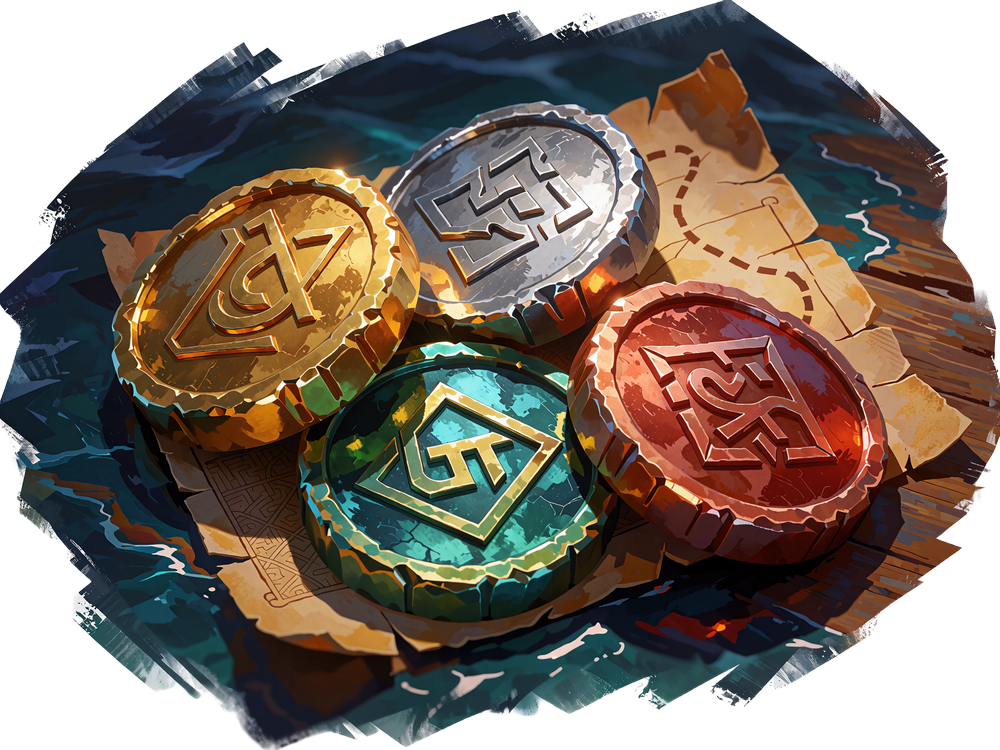 Fire blanke m&oslash;nter i guld, s&oslash;lv, gr&oslash;nt og bronze p&aring; et stykke gammelt kort - krypto hos Smash Casino