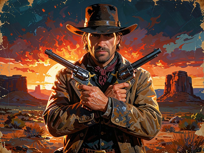 Revolvermand med to pistoler foran en r&oslash;d &oslash;rkensolnedgang - illustration til Wanted Dead or A Wild
