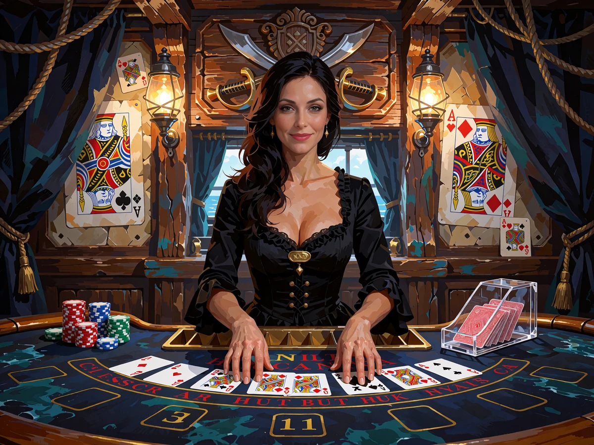 Smilende live-dealer deler kort ud ved et blackjack-bord i en kaptajnskahyt - live casino hos Smash Casino
