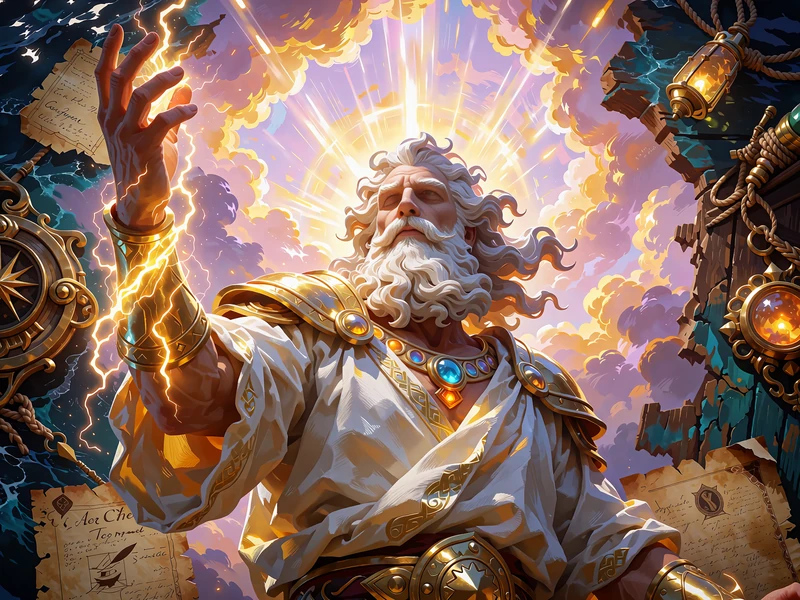 Sk&aelig;ggete himmelgud med gyldent lys omkring armen - illustration til Rise of Olympus 100