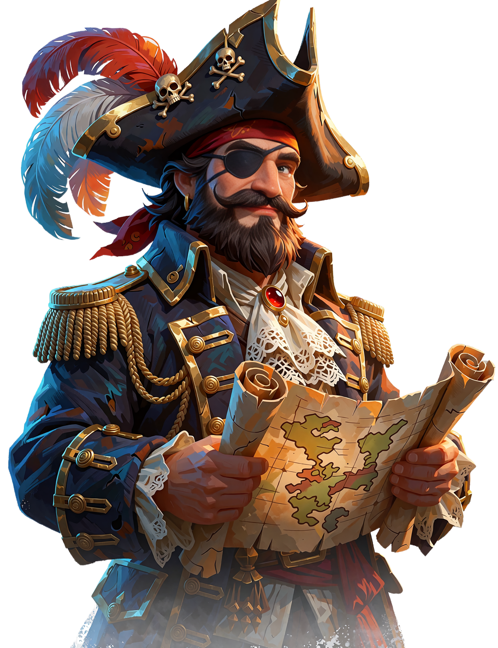 Smash Casinos piratkaptajn med trekantet hat og &oslash;jeklap holder et skattekort klar til skattejagten